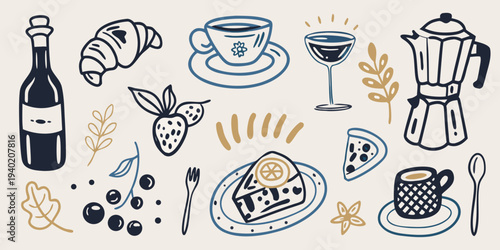 A collection of hand drawn breakfast and coffee items on a beige background