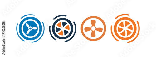 Four distinct circular fan and propeller icons in blue and orange, representing ventilation, cooling, or air movement concepts.