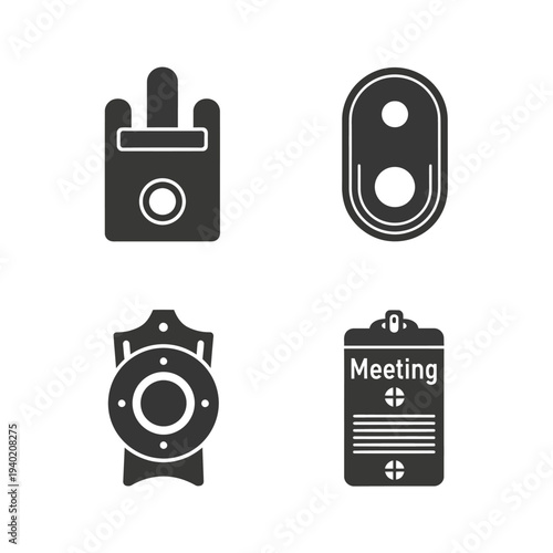 Set of Four Icons WalkieTalkie Badge Shield and Meeting Clip.