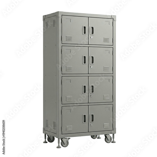 Cleanroom contamination control metal storage locker on wheels with four double door compartments ideal for organized sterile environments calm