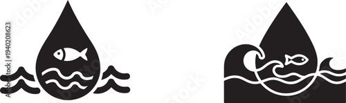 Stylized black teardrop shapes depict ocean scenes with fish