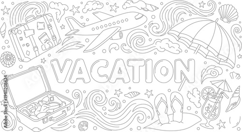 Doodle style illustration of vacation themed objects and the word vacation