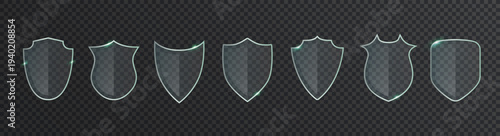 Transparent glass shield icon and crystal-clear protection emblem, isolated 3D secure badge design for safety concepts and guard symbols.