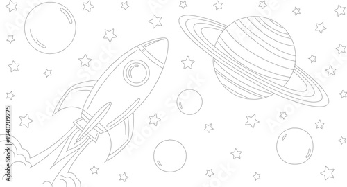 A dotted line illustration of a rocket planets and stars in space