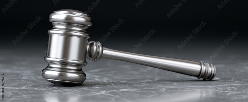 Obraz premium A gleaming metal judges hammer representing authority and justice on a sleek courtroom bench
