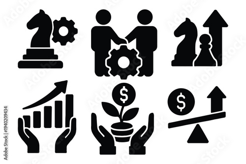 Minimalist black-and-white icon set illustrating business strategy, partnership, financial growth, and economic balance. Includes chess pieces with gears, handshake collaboration, bar chart in hands, 