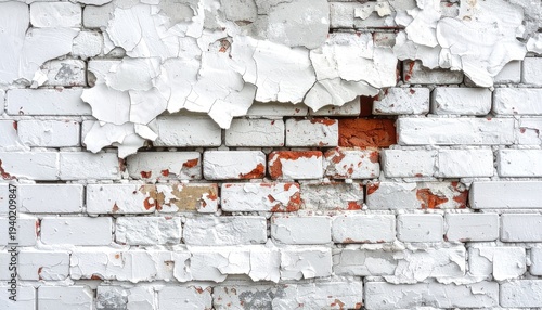 Weathered white brick wall texture with peeling paint revealing red bricks beneath.