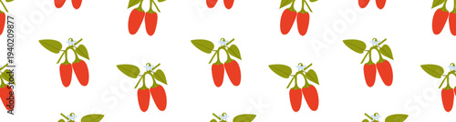 Seamless pattern of red peppers on branches with green leaves and small flowers on white background.Playful vector illustration of vegetables for kitchen textiles, digital paper, food packaging 