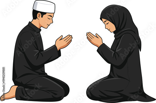 Muslim couple praying together, Islamic prayer, man and woman making dua, Ramadan spirituality, faith devotion, modest clothing, religious worship