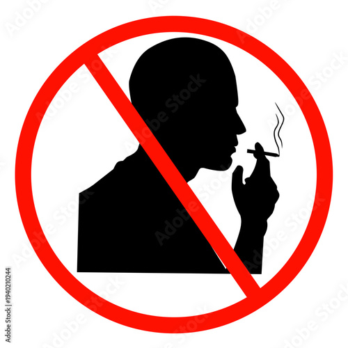 No smoking sign with human silhouette. Prohibited smoking area icon. Vector illustration of a person smoking a cigarette with a red strike-through circle.