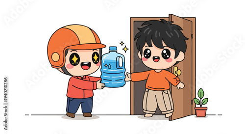 Cartoon illustration of a delivery person handing a water bottle to a smiling man standing in a doorway with a potted plant beside him.