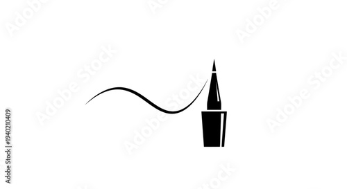 Minimalist liquid eyeliner bottle drawing a single curved black line, essential beauty product, isolated white background.