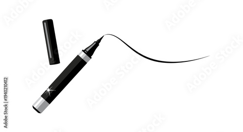 Open eyeliner pen drawing a flowing black wavy line, artistic makeup concept, isolated white background.