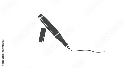 Eyeliner marker pen with cap off drawing a simple curved line, everyday makeup, isolated white background.