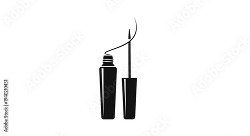 Open liquid eyeliner bottle with brush extended, beauty cosmetic product, isolated white background.