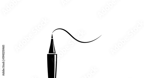 Open liquid eyeliner bottle with brush drawing a long wavy line, beauty cosmetic product, isolated white background.