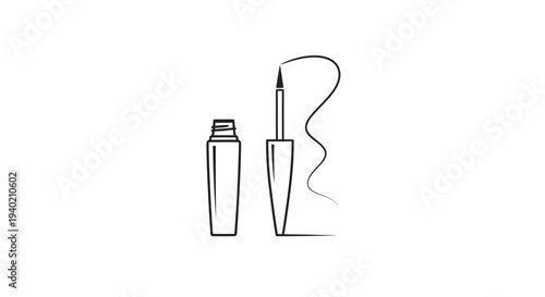 Outline Eyeliner Bottle and Brush with Winged Line Design on Isolated White Background
