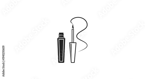 Open liquid eyeliner bottle with brush drawing a line, beauty cosmetic product, isolated white background.