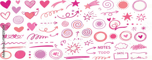 Pink doodle scribble scrapbook vector elements collection. Crayon drawn girly scribbles for journaling, hand drawn zine design, daily planner and diary. Sketch handdrawn stickers with grunge texture.