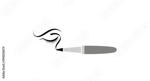 Stylized Eye with Winged Eyeliner and Makeup Brush on Isolated White Background