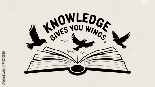 Inspirational quote with book and flying birds giving wings through knowledge on beige background