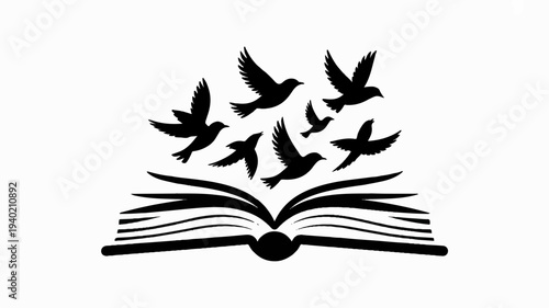 Birds emerge from open book silhouette symbolizing freedom and knowledge
