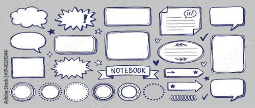 Blue pen text boxes and shapes collection. Blue ball pen ovals, rectangles and starburst doodles at grid notebook background. Crayon drawn note speech bubbles and shapes for text. 