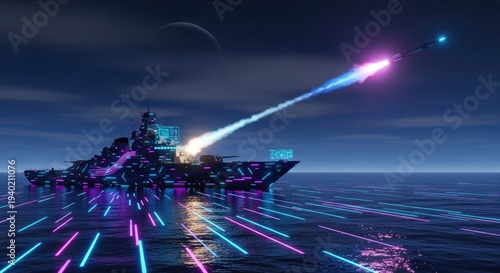 Obraz na plátně Futuristic Stealth Battleship Firing Laser Energy Weapon in the Ocean at Night