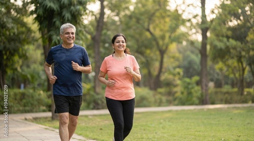 indian senior couple jogging side by side in park showing active retirement healthy lifestyle and outdoor exercise concept