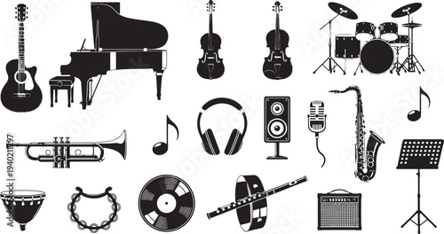 A comprehensive black and white silhouette collection of various musical instruments and audio equipment, ideal for music-related concepts, design elements, and visual storytelling.