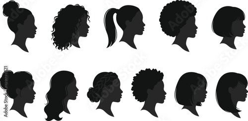 Collection of diverse female hairstyle silhouettes in profile, modern women haircuts and textures set, beauty salon design element, black vector style isolated illustration for branding