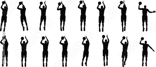Basketball player shooting silhouettes collection, athlete jump shot poses set, sports action figure vector illustration isolated, professional basketball movement sequence for training design