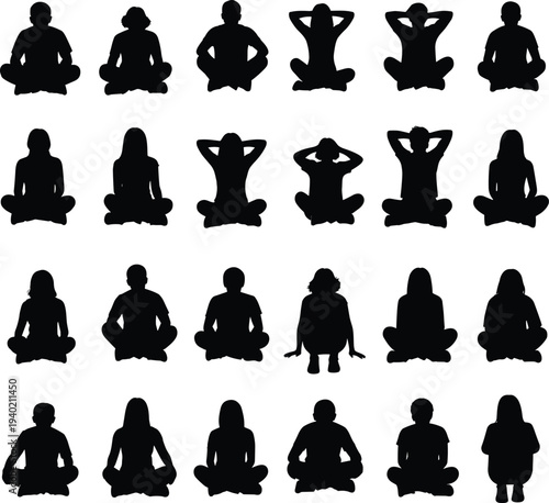 Collection of meditation people silhouettes sitting in lotus pose yoga mindfulness practice set isolated on white background spiritual relaxation wellness lifestyle vector illustration