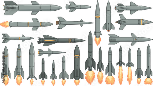 Collection of military rockets missiles and ballistic weapons with launch flames isolated on white background modern defense technology aerospace vector illustration set