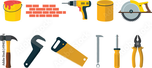 Construction and repair tools collection including hammer, drill, saw, pliers, screwdriver, paint bucket and bricks vector illustration for building, maintenance and DIY work