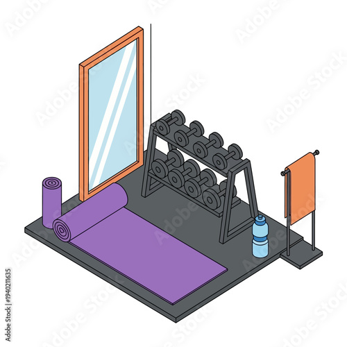 Home Gym Setup with Fitness Equipment and Accessories.