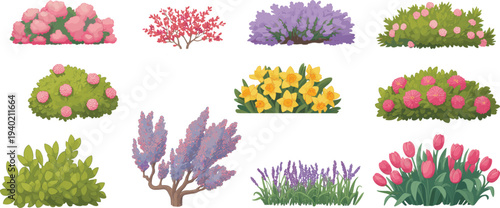 Colorful garden plants bushes and flowers collection with tulips lavender and blooming shrubs decorative botanical nature elements isolated on white background vector illustration