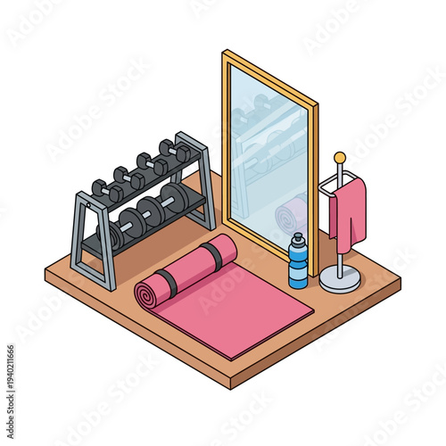 Fitness equipment setup on a wooden floor with yoga mat and mirror.