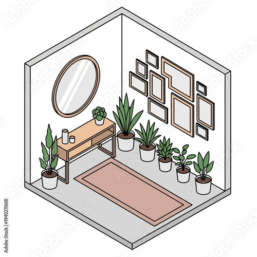 Isometric illustration of a modern minimalist room with plants and decor.