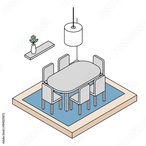 Isometric illustration of a modern dining room with table and chairs.
