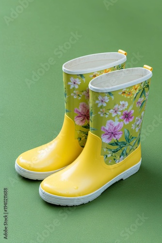 yellow rain boots with floral patterns on a green background.
