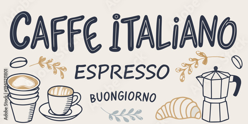 A charming illustration featuring caffe italiano espresso and breakfast items