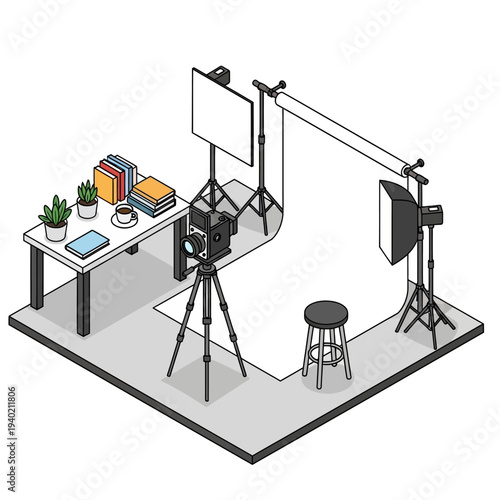 Professional Photography Studio Setup with Backdrop and Lighting.