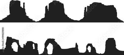 Desert rock formations and canyon cliffs silhouettes collection with natural sandstone arches and mountains isolated on white background landscape nature vector illustration set
