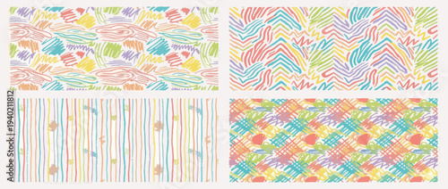 Funky colorful doodle crayon seamless pattern set. Hand drawn wood texture, zebra pencil lines, vertical thin stripes, cross hatch texture. Trendy funky doodle seamless pattern. Childish sketch drawin
