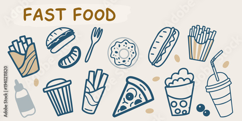 Colorful illustration depicting various fast food items and beverages