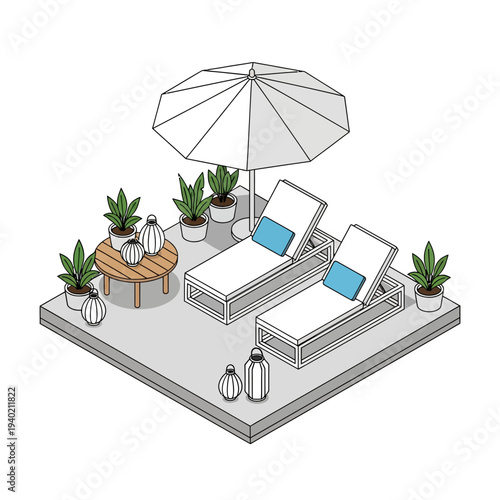 Isometric illustration of a serene outdoor patio with lounge chairs and potted plants.
