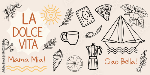 A whimsical illustration of italian summer elements and phrases