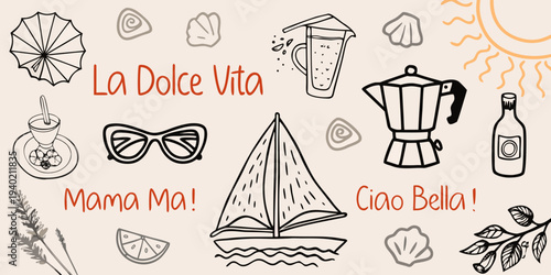 Italian summer themed doodles with text and hand drawn elements
