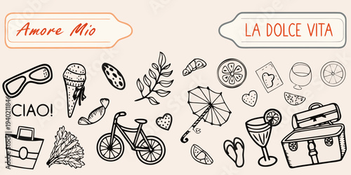 Italian themed doodles featuring travel items food and decorative elements